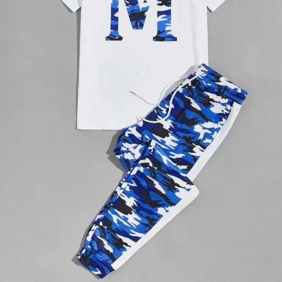 Casual Streetstyle Blue Camo Men Graphic Top & Sweatpants Set - Picture 2 of 6